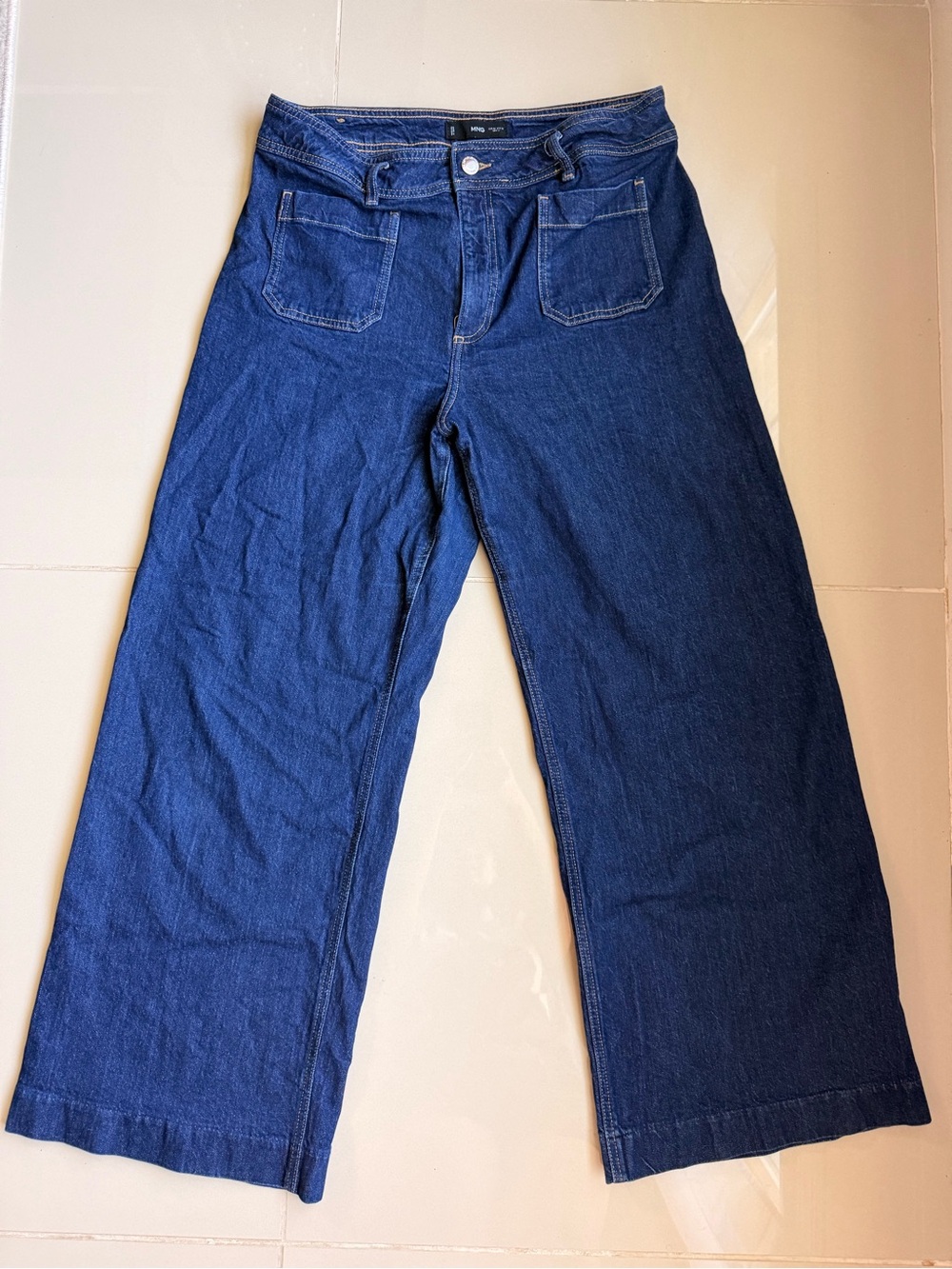 Mango MNG Womens Wide Leg Jeans High Rise Dark Rinse Patch Pocket 99% Cotton US